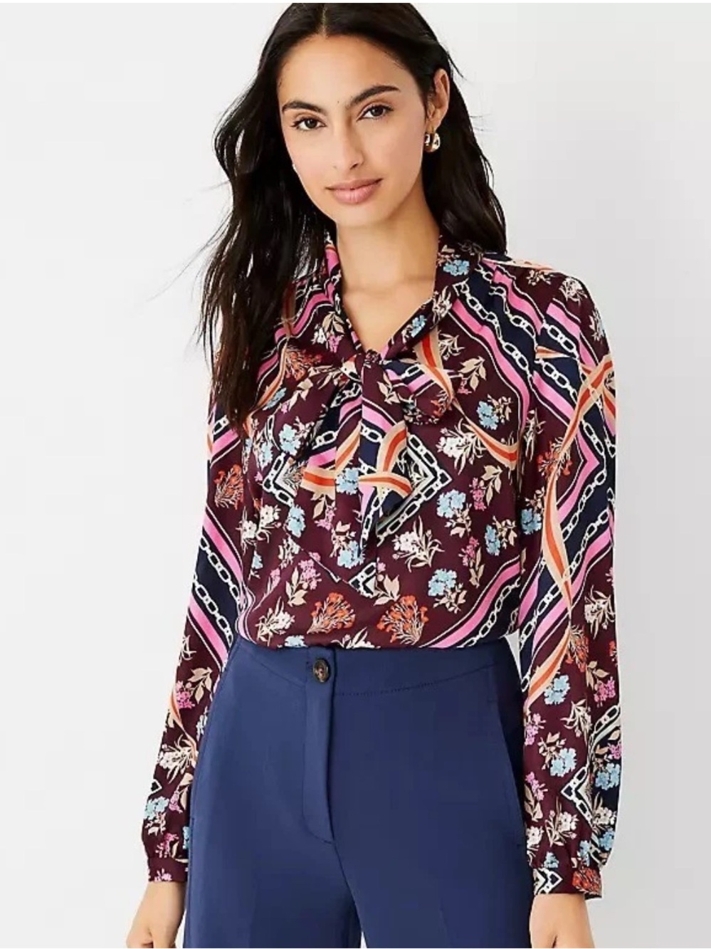Ann Taylor Vibrant Scarf Print Tie Front Blouse M
